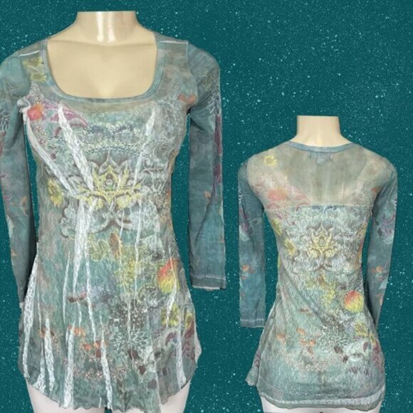 Dressbarn S Green-Teal Lace Mesh Studded Floral Print Scoop Neck 3/4 Sleeve Top - Picture 1 of 6